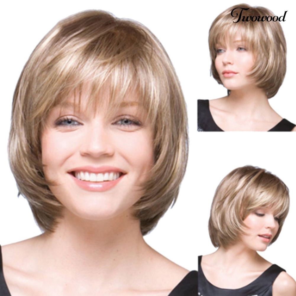 Twowood Wanita Fashion Blonde Serat Suhu Tinggi Pendek Lurus Rambut Wig Sopak