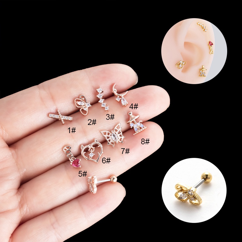 1biji Kupu-Kupu Bentuk Bulan 20Gauge Barbel Lurus Stainelss Steel Tulang Rawan Tragus Helix Pinna Lobe Piercing Dengan Zirccon