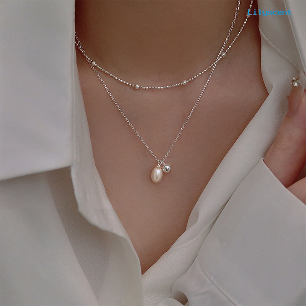 [LS]Wanita Kalung Panjang Bola Bulat Slim Rantai Elegan Minimalis Glossy Mutiara Imitasi Klavikula Kalung Fashion Perhiasan