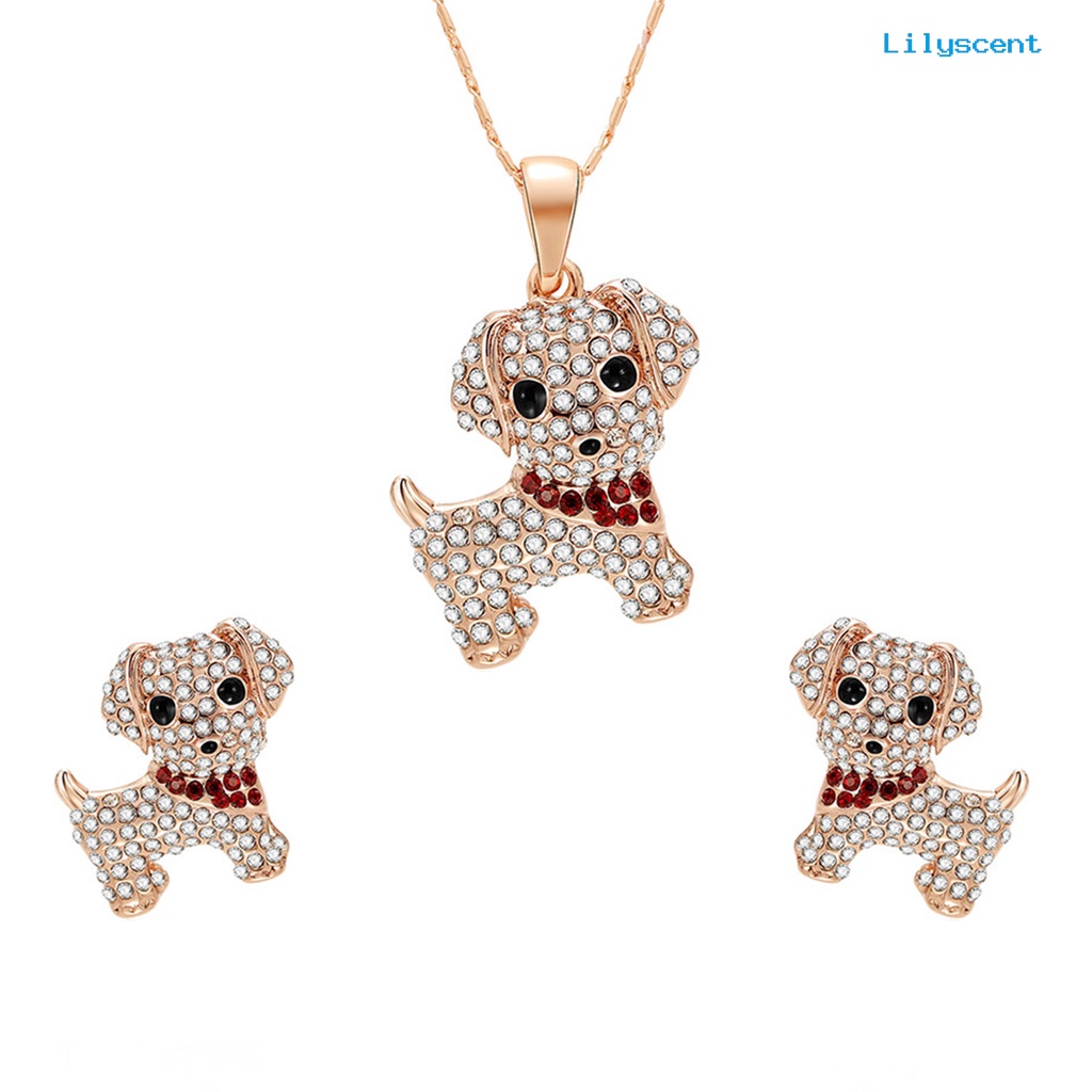 [LS]1 Set Wanita Anjing Kalung Indah Mewah Elegan Dainty Golden Hadiah Padat Berlian Imitasi Bertatahkan Puppy Stud Earrings Kit Fashion Perhiasan