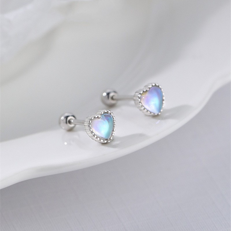 Anting Perak Hati Moonstone Y2K Kristal Stud Earring Untuk Wanita Fashion Perhiasan Aksesoris