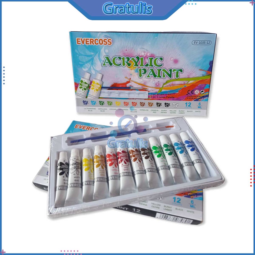

CAT AKRILIK EVERCOSS EV-1035-12 [12 WARNA] / CAT MELUKIS / CAT KUAS 6ML / PERALATAN MENGGAMBAR / ACRYLIC PAINT COLORS