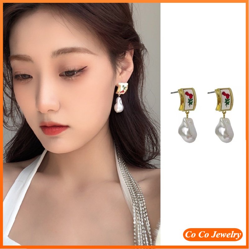 French Red Rose Flower Earrings Baroque Spesial-shaped Pearl Retro Hong Kong Style Cahaya Mewah High-end Stud Earrings