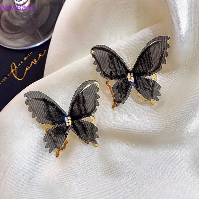 Newbaby Big Mesh Butterfly Earrings Romantis Tulle Hewan Hitam Putih Kupu-Kupu Stud Earrings Pesta Pernikahan Fashion Perhiasan ID