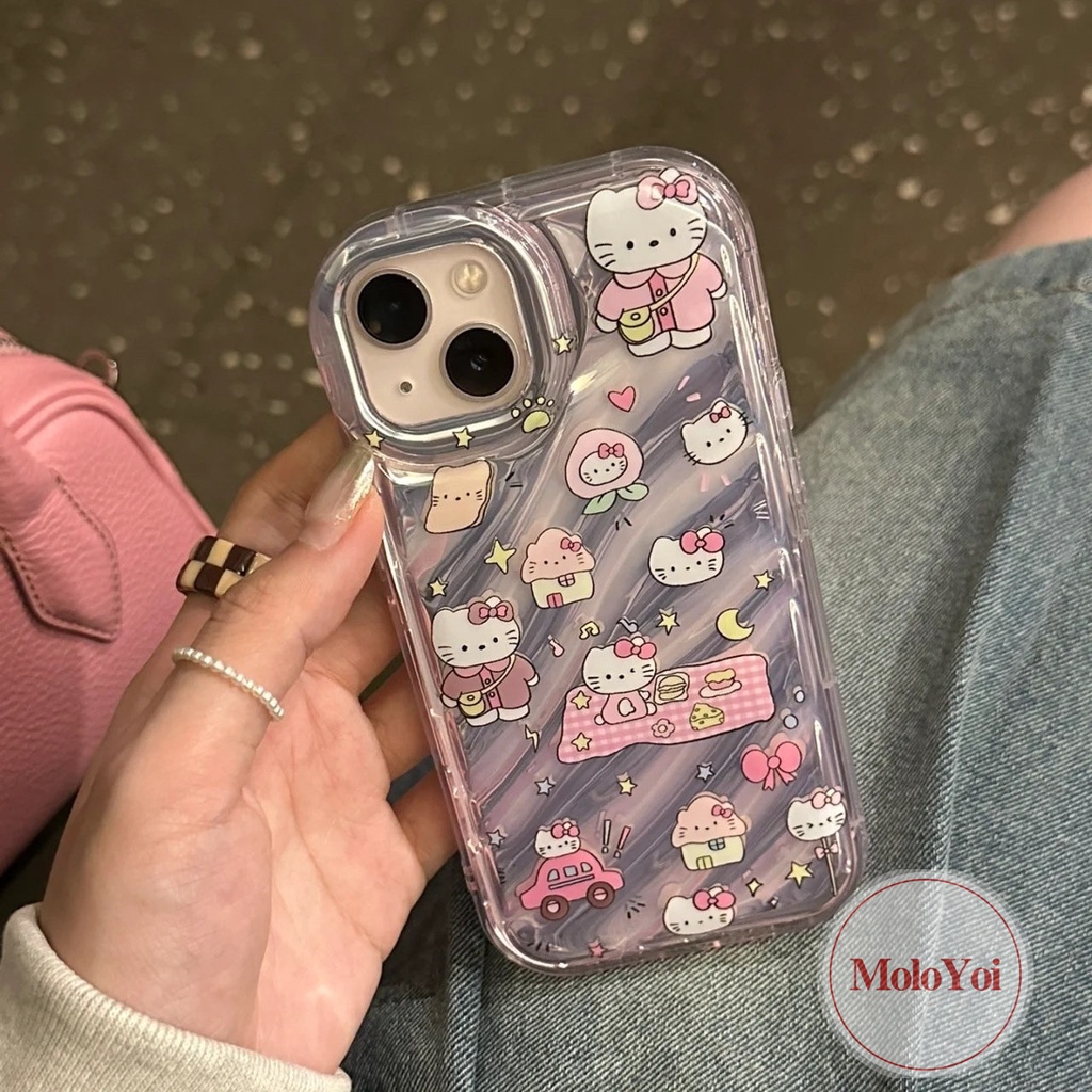 Casing Tombol Ponsel Digital Kartun Hello Kitty Vintage Kompatibel Untuk IPhone XR XS X Max 7Plus 7 6 8 6S Plus 11 13 14 12 Pro Max SE 2020 Kartu Laser Korgasi Stereo 3D Soft Cover