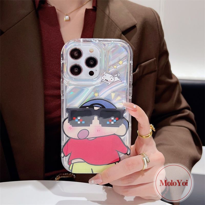 Dazzle Color 3D Stereo Corrugation Case Kompatibel Untuk IPhone 7Plus XR XS X Max 6 6S 8plus11 14 12 13 Pro Max SE 2020kacamata Hitam Keren Crayon Shin-Chan Kartu Laser Mewah Soft Case