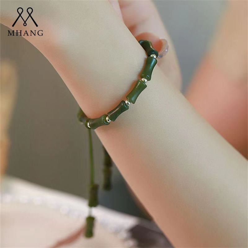 Temperamen Retro Hijau Tua Bambu Gelang Sederhana Vintage Handwoven Tali Gelang Gaya Korea Aksesoris Wanita