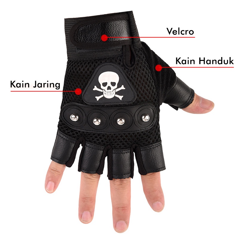 Sarung Tangan Motor Pria Setengah Jari Half Finger Motif Tengkorak Trail Sporty Fitness Gloves Fashion Riding HNF