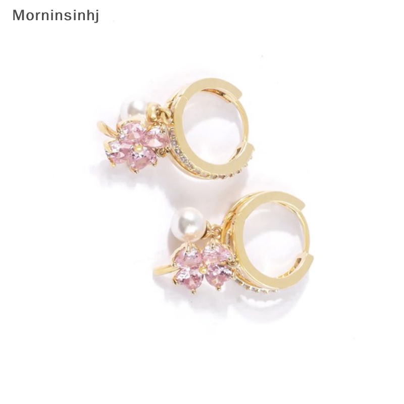 Mornin Anting Mutiara Bunga Empat Daun Kristal Merah Muda Untuk Wanita Yang Mewah, Rasa high-end, Temperamen Modis, Anting Merah Jala Trendi Baru id