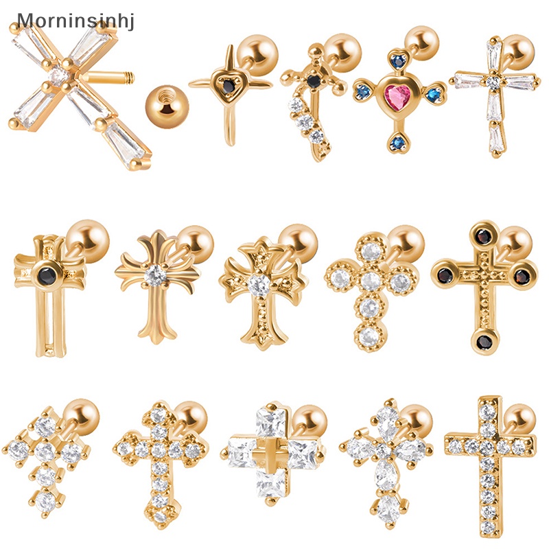 Mornin 1pcs Cross Zirkon Anting Telinga Tulang Kuku Untuk Wanita Tulang Rawan Anting Spiral Stud Earring Tubuh Perhiasan Hadiah id