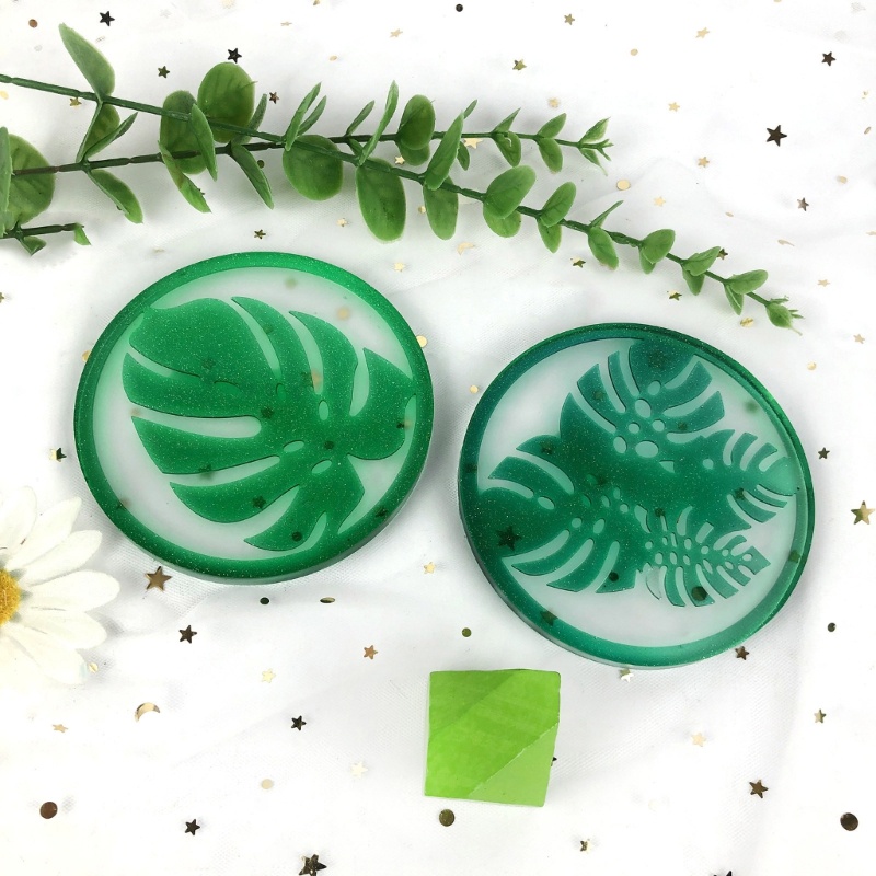Siy 4 Pcs Pola Daun Alas Cangkir Resin Cetakan Coaster Bulat Epoxy Casting Mold DIY Kerajinan Tangan