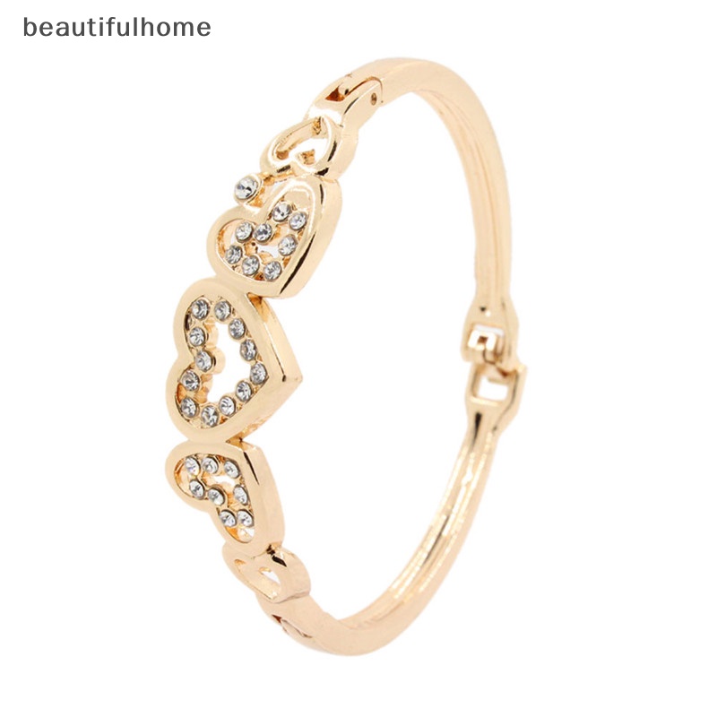 {beautifulhome} Hot Fashion Wanita Lady Berlapis Emas Kristal Manset Bangle Cinta Hati Pesona Gelang.