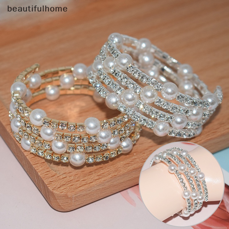 {beautifulhome} Gelang Mutiara Imitasi Kristal Elegan Multilayer Gelang Mutiara Stretchable Pearl Bracelet Untuk Wanita Hadiah Perhiasan Pengantin.