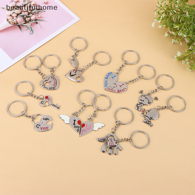 {beautifulhome} 1pasang Paduan Seng Perak Berlapis Hadiah Kekasih Pernikahan Nikmat Pasangan Hati Gantungan Kunci Fashion Keyring Key Fob Creative Key Chain.