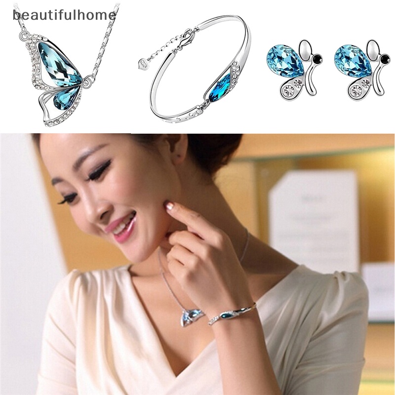 {beautifulhome} Set Perhiasan Kupu-Kupu Baru Kalung+Anting+Gelang Kristal Set Fashion.