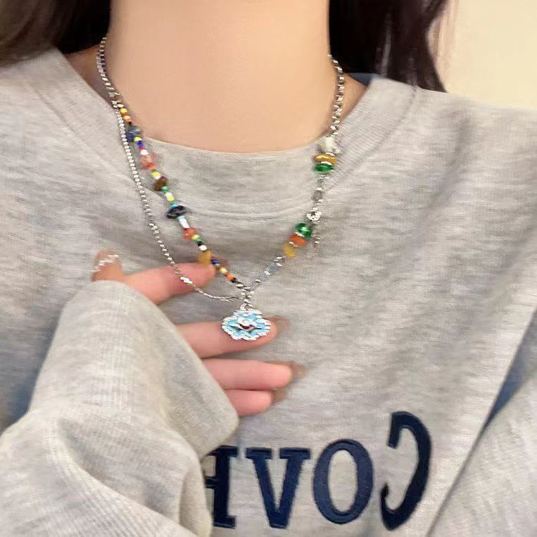 Unik All-Match Kalung Awan Senyum Batu Warna-Warni Perempuan Manis Keren Niche Desain High-End Rantai Klavikula Influ