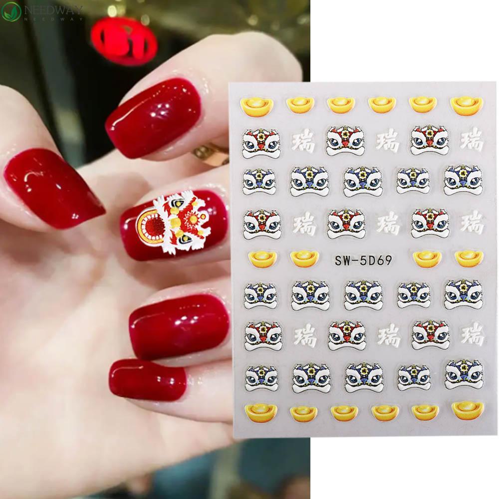 Needway Stiker Kuku Imlek 5D Relief Cute Lion New Year Nail Art FU Karakter Karakter Cina Perekat Diri Dekorasi Nail Art