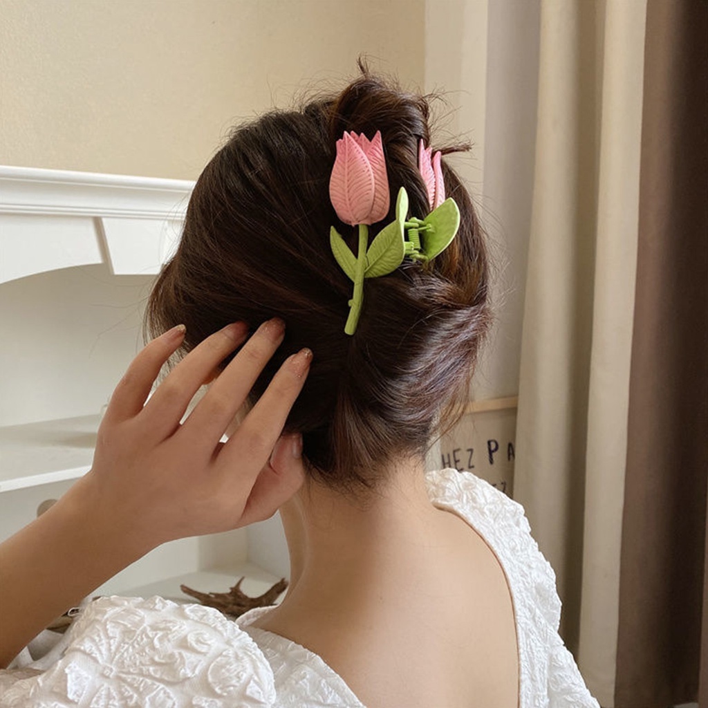 Tulip Hair Claw Summer Hair Catch Flower Shark Clip Hiasan Kepala Vintage Klip Rambut Trendi Manis Aksesoris Rambut