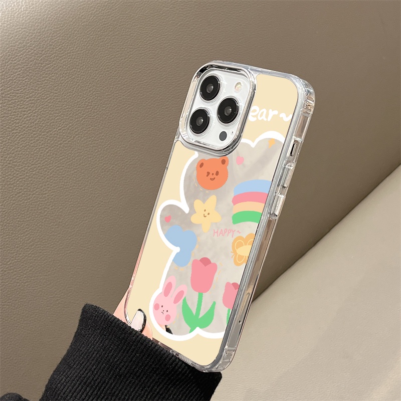 IPHONE Happy Bunny Bear Mirror Phone Case Kompatibel Untuk Iphone11 12 13 14 12Pro 13Pro 14Pro Pro Max XR X XS Max Electroplating Tombol Perlindungan Mirror Cover