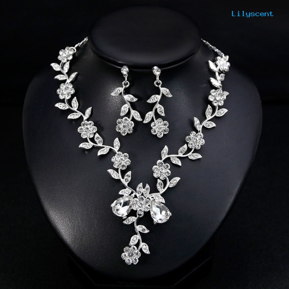 [LS]Wanita Berlian Imitasi Daun Bunga Kalung Stud Anting Pernikahan Bridal Perhiasan Set