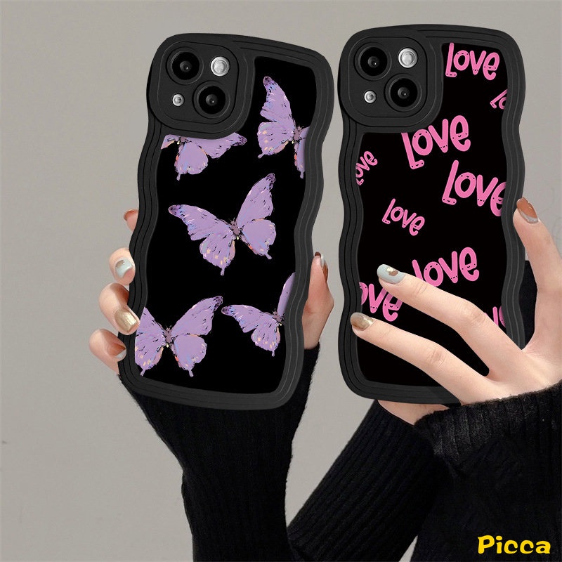 Ins Fashion Fantasy Butterfly Wavy Edge Phone Casing Untuk IPhone 7Plus 11 13 11 12 14 Pro Max XR 6s 8 6 7 Plus X XS Max SE 2020retro Flower Iove Letter Label Soft Back Cover