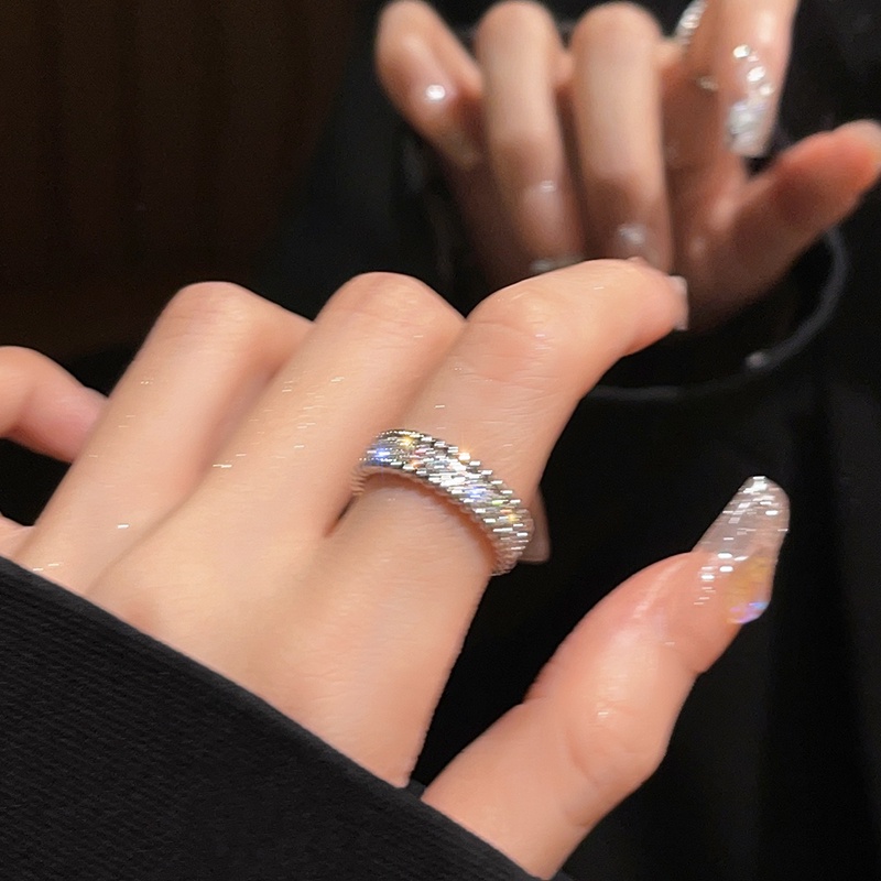 Cincin Perak925 Lapis Perak Zirkon Mengkilap Terbuka fashion Wanita Manis Keren Aksesoris Korea