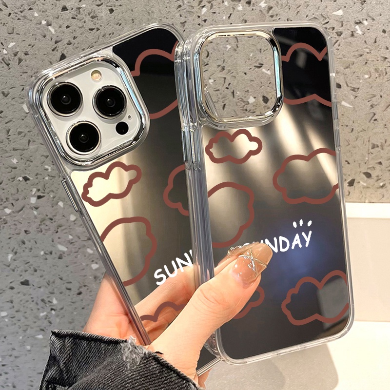 IPHONE Sunday Casing Ponsel Cermin Awan Merah Kompatibel Untuk Iphone11 12 13 14 12Pro 13Pro 14Pro Pro Max XR X XS Max Electroplating Tombol Perlindungan Mirror Cover