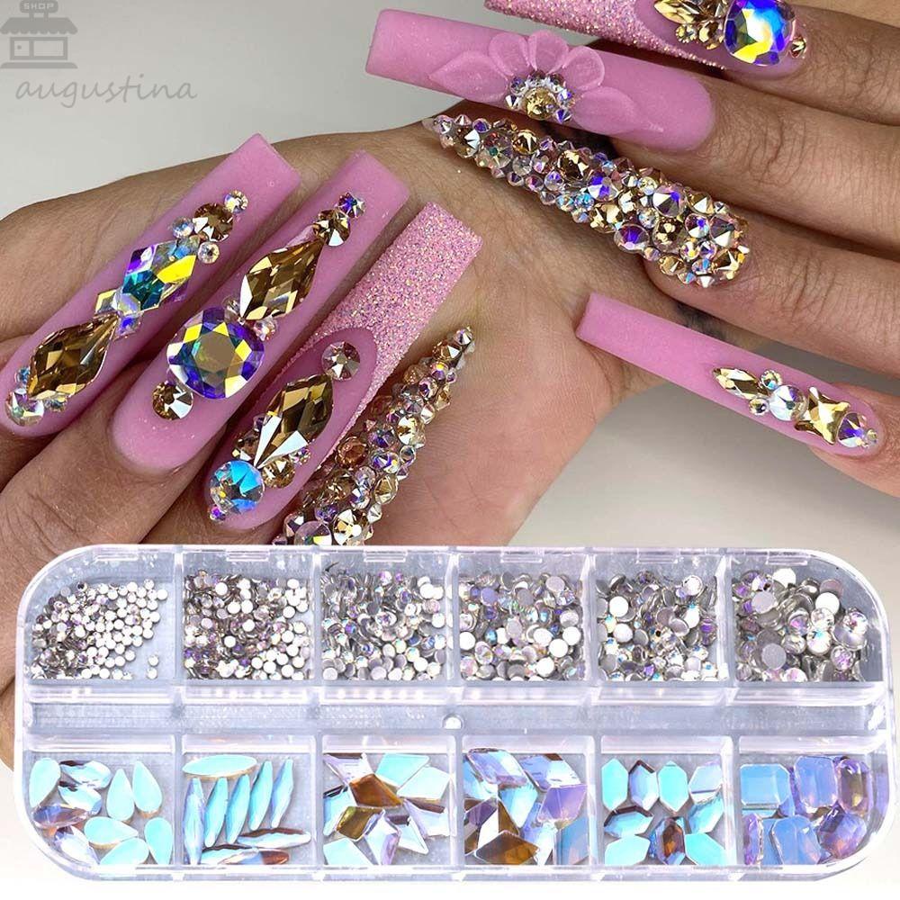 AUGUSTINA Agustina Aurora Kuku Berlian Imitasi Wanita 12grid Ukuran Campur Warna Champagne Irregular Drills 3D Nail Art Drills