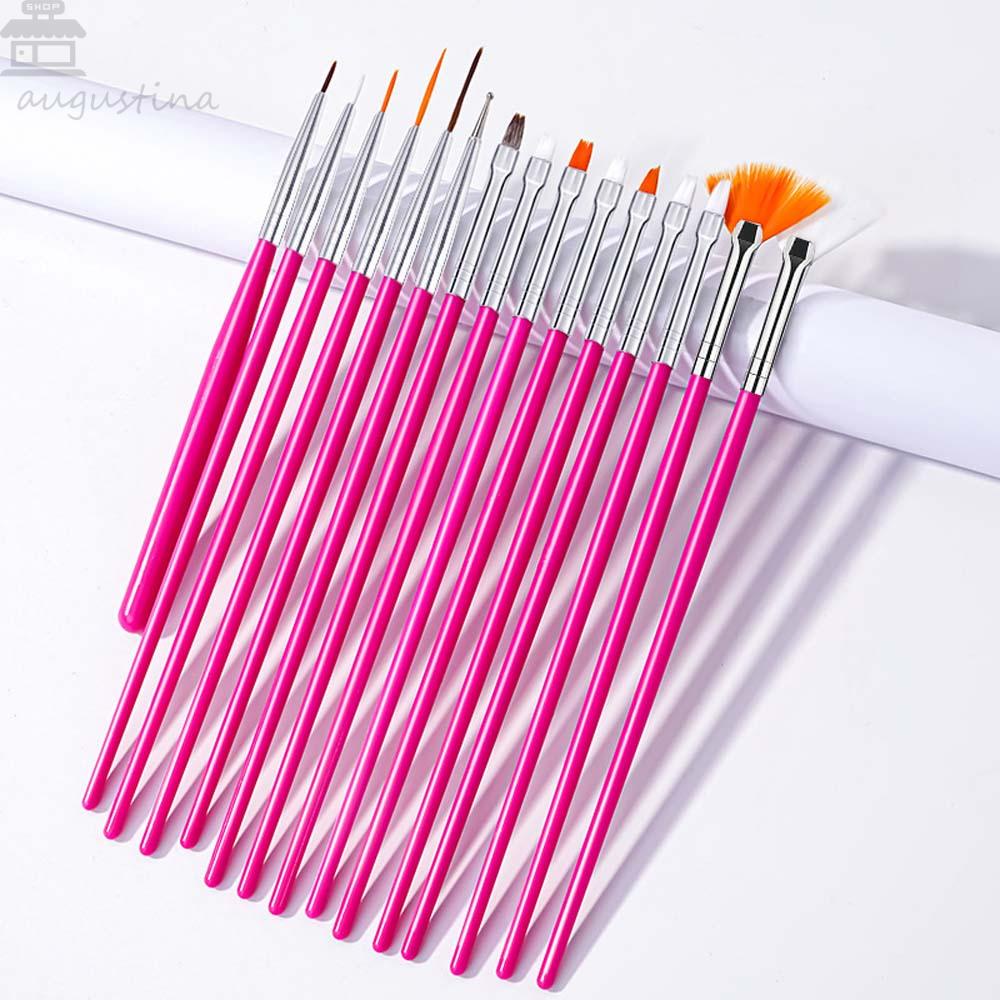 AUGUSTINA Agustina Kuas Nail Art Pink Tahan Lama Ukiran 3D Kuas Lukisan Kuku Salon Gagang Nail Liner Pulpen Set