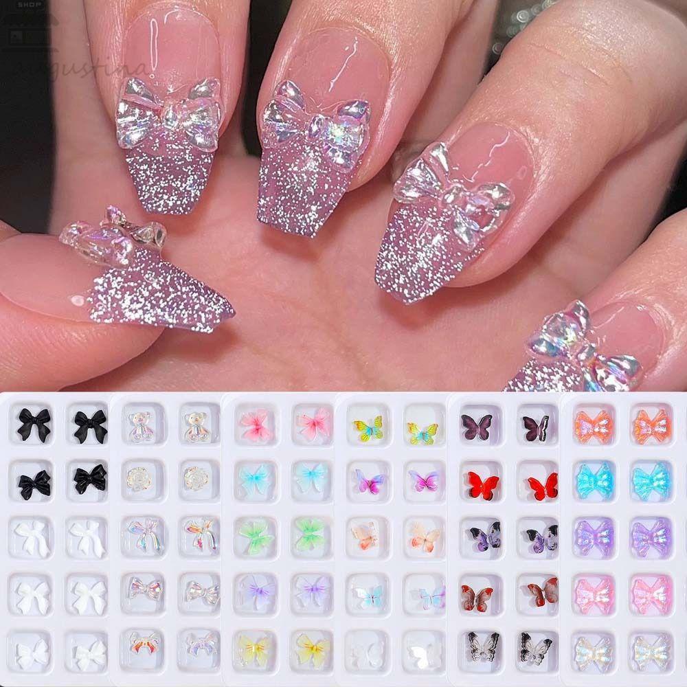 AUGUSTINA Agustina Busur Dekorasi Kuku Wanita Pesona Kuku Resin Ikatan Simpul Manikur Aksesoris Beruang Aurora Nail Art Drills