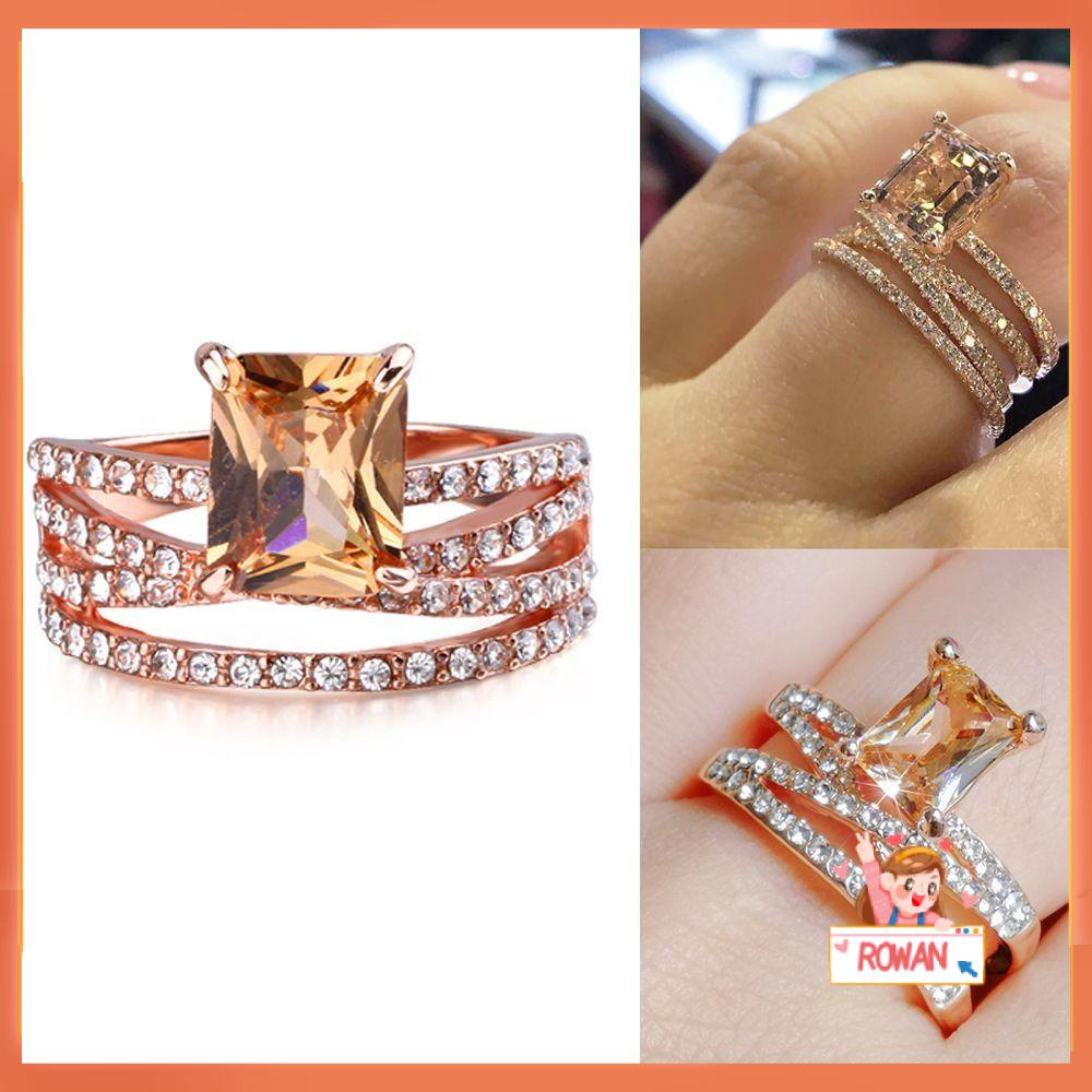 R-FLOWER 2cps Cincin Zirkon Persegi Perhiasan Hadiah Indah Mewah Dekoratif Aksesoris Berlian Cincin Set