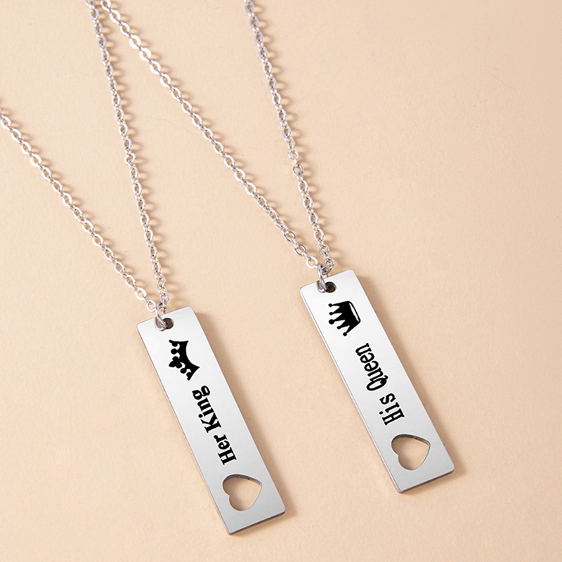 Kalung Pasangan Keren Hip Hop King Queen Stainless Steel Persegi Panjang Rantai Salib Hadiah Hari Valentine