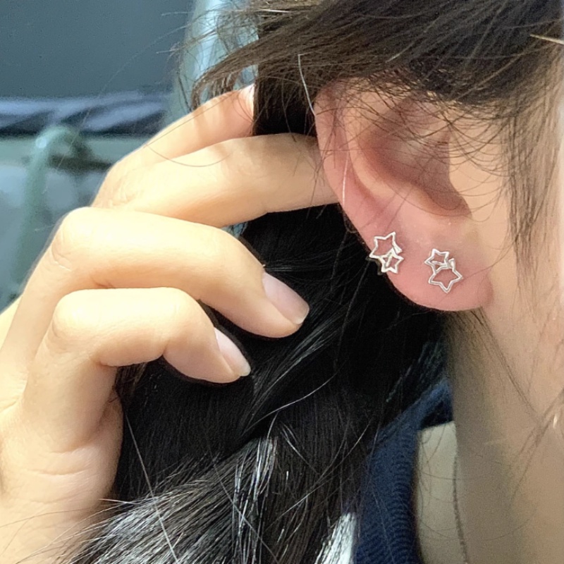 Papaozhu Korea S925 Perak Lucu Berongga Double Star Stud Earrings Untuk Wanita Perempuan Trendi Kecil Geometris Anting-Anting Hypoallergenic Telinga Perhiasan Aksesoris