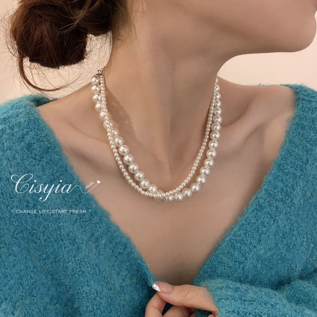 French Double-Layer Pearl Necklace Female Cahaya Mewah High-End Temperamen Selebrietis Gaya Baru Trendi Semua @-