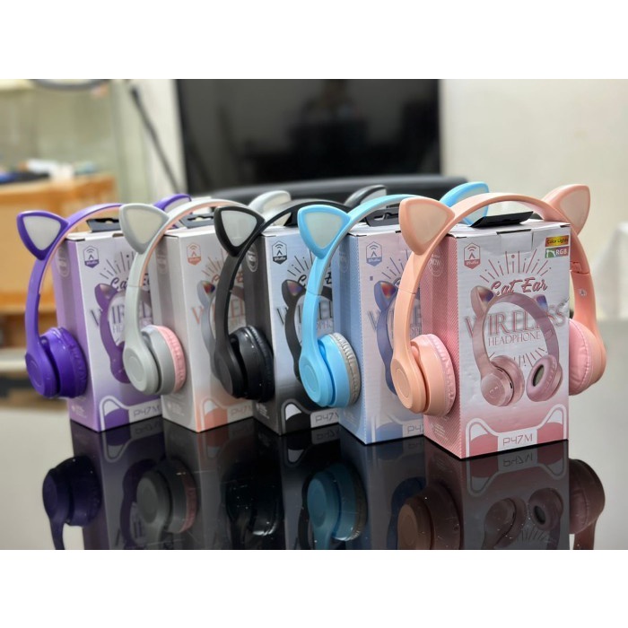 CAT EARS HEADSET P47M Headphone Bando Bluetooth Wireless LED Light Super Bass Stereo