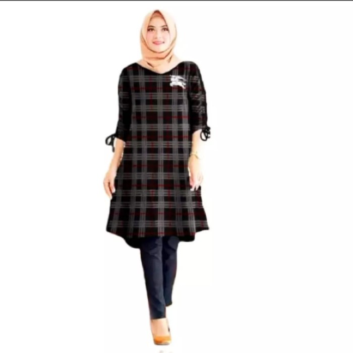 New Sale Baju Tunik Muslim Wanita Kotak Kotak Kuda - Hitam, XXXL