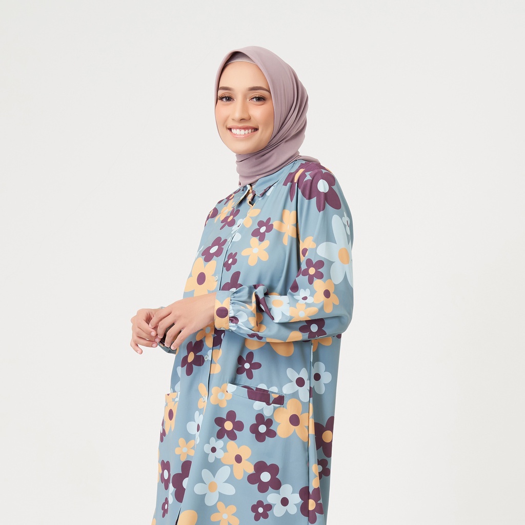 GIYOMI - Dareen Long Tunic Stone Blue / Tunik Wanita / Tunik Bahan Polysilk / Baju Atasan Wanita