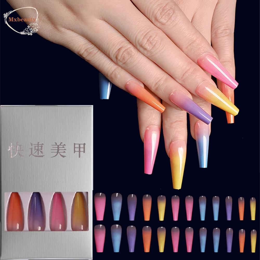 MXBEAUTY Artificial Nail Art DIY Rainbow Detachable Long Stiletto Press On Nails Ballerina Kuku Palsu