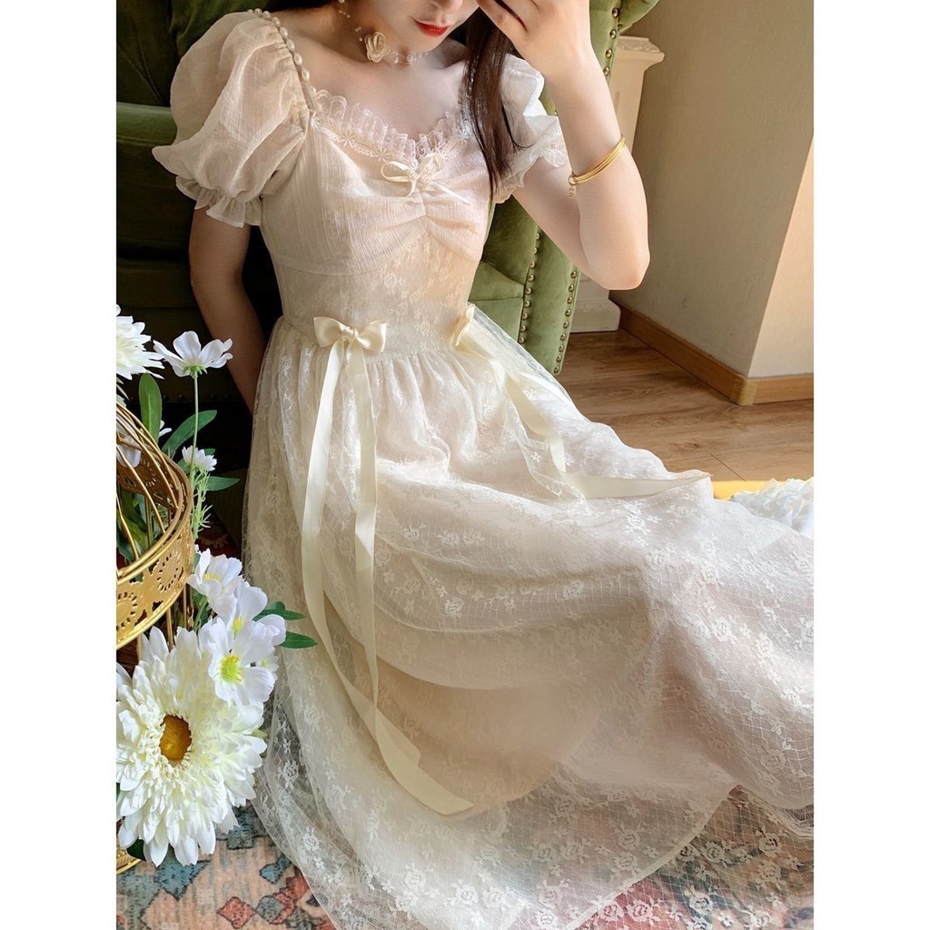 Midi Dress Wanita Prancis Yang Manis Puff Lengan Pendek Renda Dress