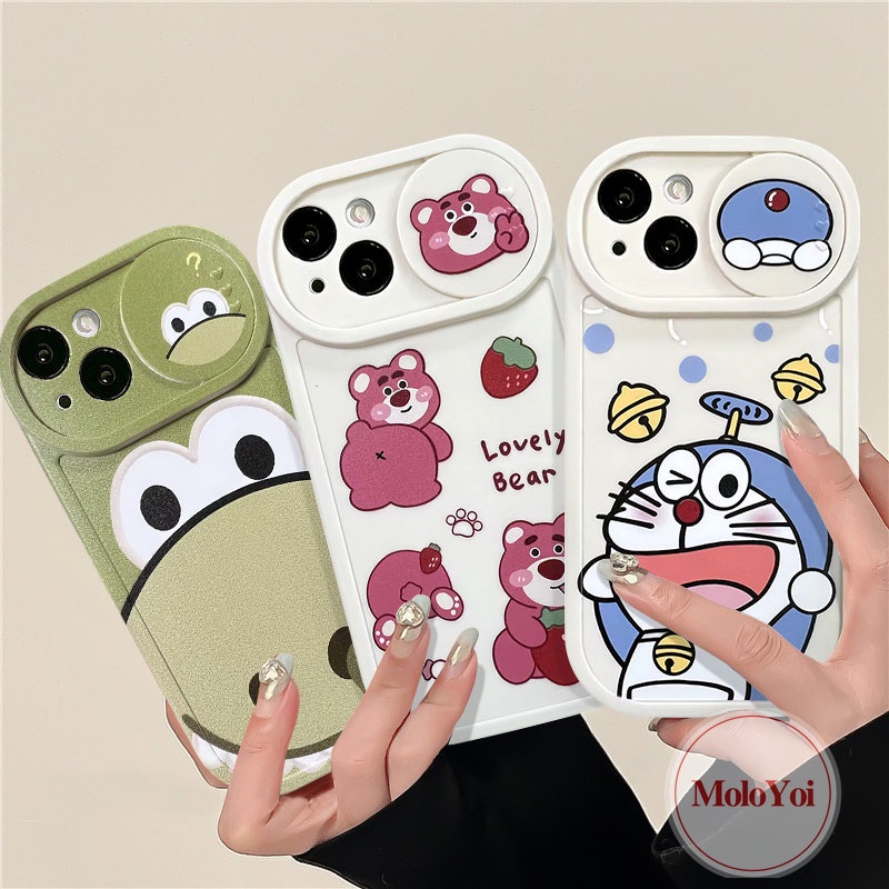 Push Pull Window Lovely Doraemon Funny Dinosaur Camera Lens Protector Case Compatible for IPhone 7Plus XR X XS Max 11 13 12 Pro Max 8Plus Strawberry Bear Lotso Cartoon Cover