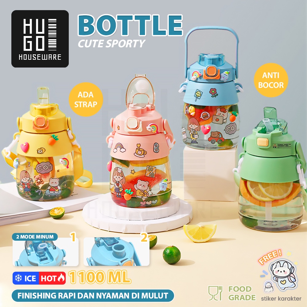 HUGO Botol Minum Anak 2 Mode Minum Botol Air Minum 1100 ml dengan Sedotan dan Tali Strap