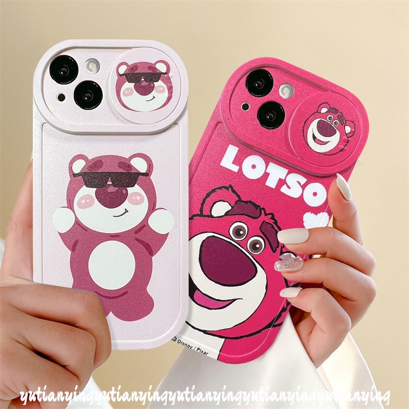 Cute Cartoon Strawberry Bear Lotso Push Pull Window Camera Lens Protector Case Compatible For iPhone 7Plus XR X XS Max 11 13 12 Pro Max 8Plus Funny Doraemon Cover