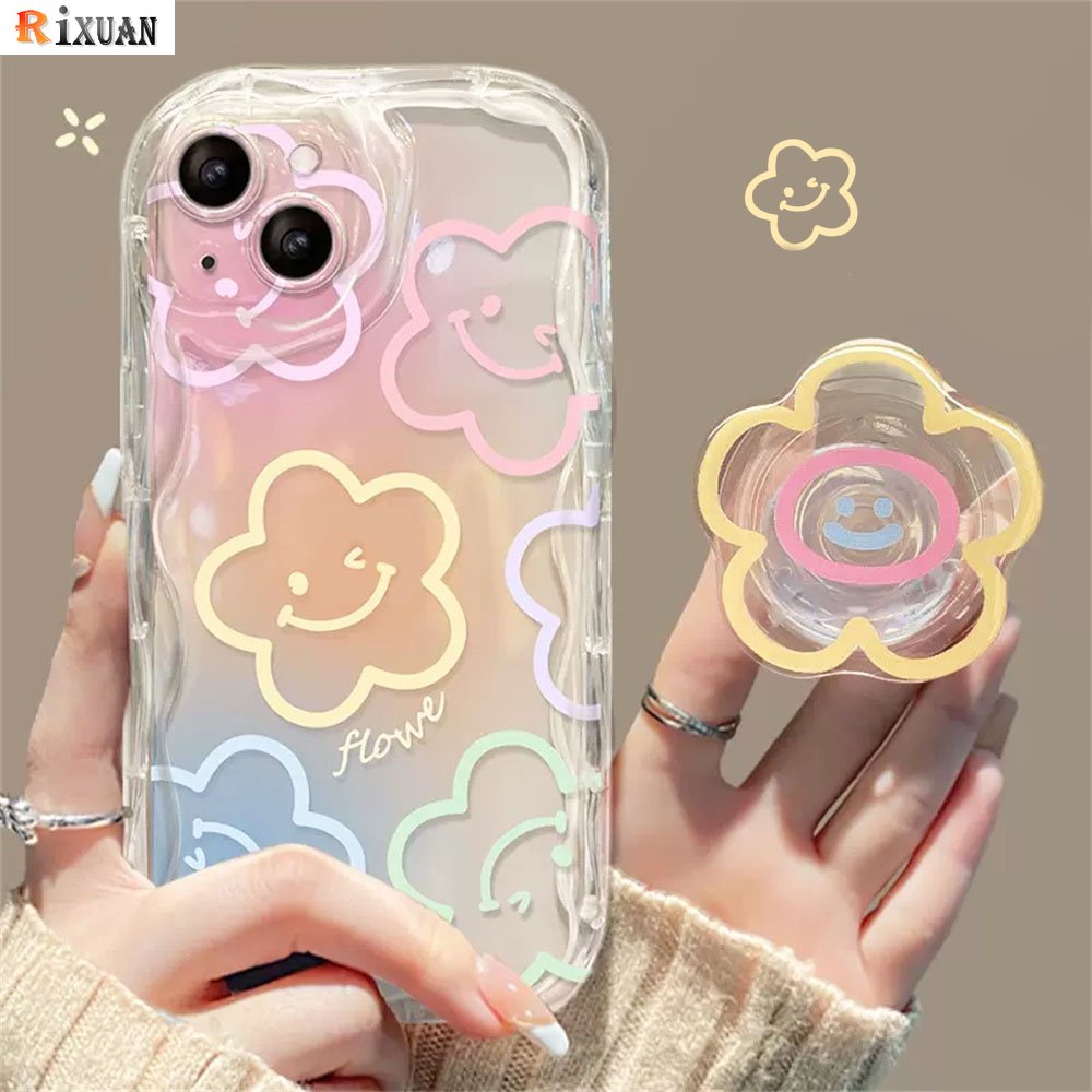 Casing Realme C53 C55 C30 C33 C31 C21Y C25Y C35 C15 C12 C25 C20 C11 Realme10 5i 6i C3 8i 7i C17 Narzo 50A Colorful Graffiti Smiley Fresh Floral Wavy Case Dengan Bracket Bunga RIXUAN