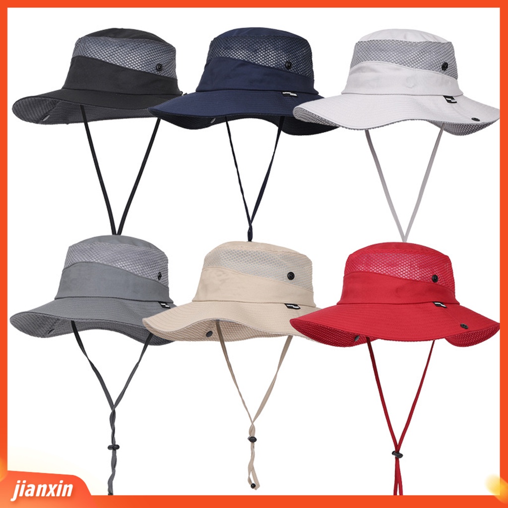 (In Stock) Wide Brim Outdoor Hat Lubang Lubang Angin Dengan Tali Topi Pelindung Matahari Anti UV Pelindung Matahari Untuk Unisex