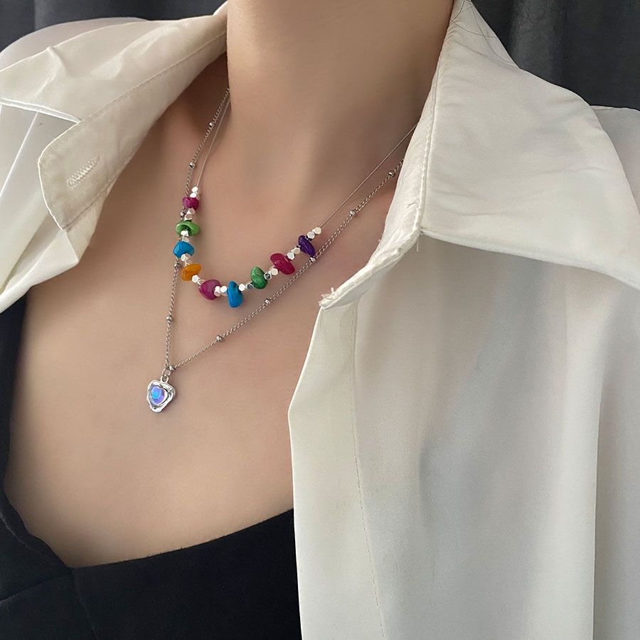 Seven Colored Stone Love Pendant Double Necklace Aksesoris Cahaya Mewah Fashion Temperamen Rantai Klavikula