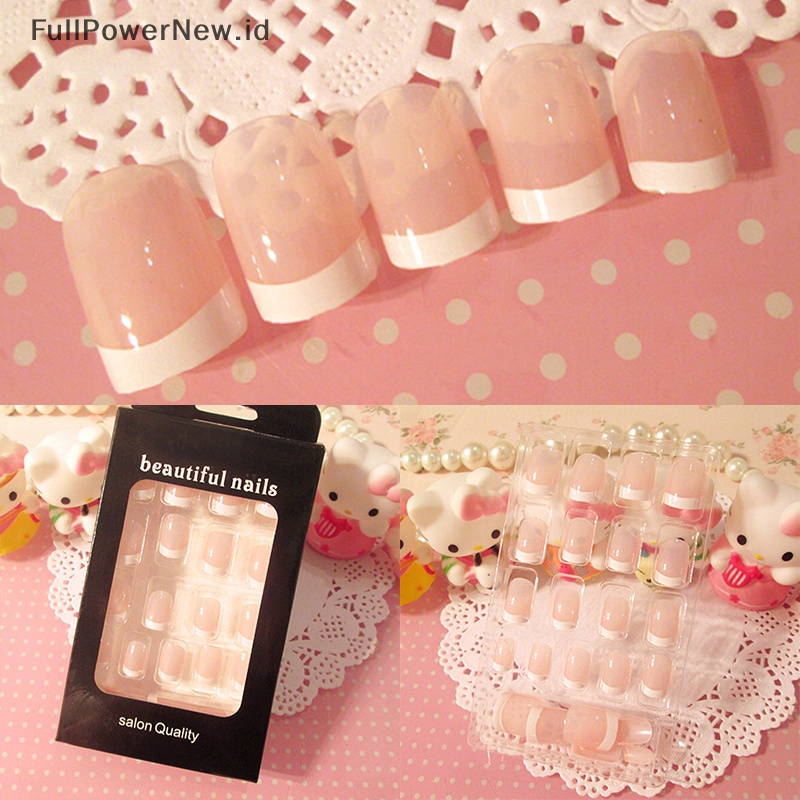 Power 24Pcs Lady Wanita Gaya Perancis DIY Manicure Art Tips Kuku Palsu Dengan Lem ID Baru