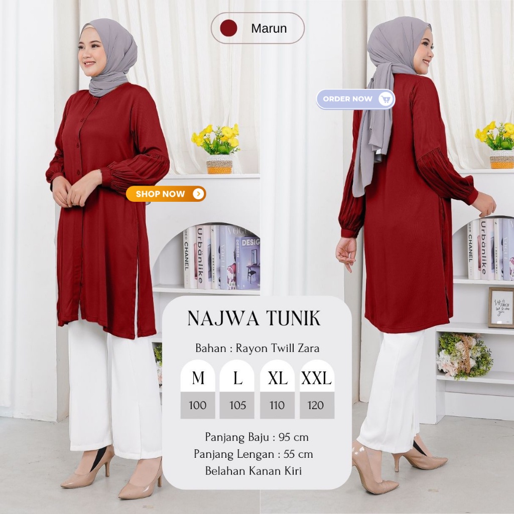 Najwa Tunik Polos Bahan Rayon Twill Premium Adem Anti Gerah Baju Atasan Wanita Model Simpel Lengan B