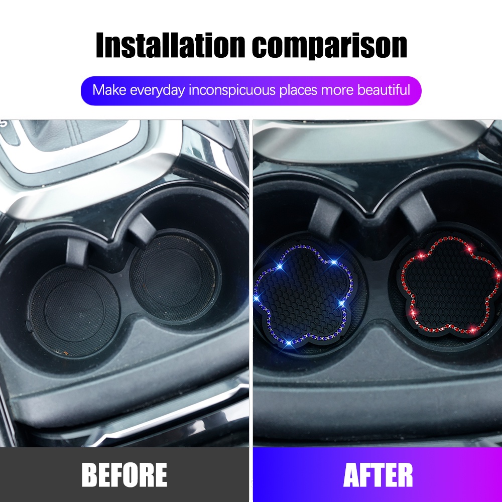 [Fitur] Alas Gelas Air Mobil/Coaster Mobil Diamond Anti Slip/Bling Rhinestone PVC Rubber Mat/Auto Cup Holder Drink Coaster/Tatakan Gelas Sisipan Otomotif Untuk Kebanyakan Mobil