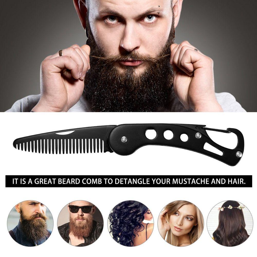 MXBEAUTY Sisir Styling Jenggot Pria, Sisir Lipat Stainless Steel Portabel, Alat Penata Rambut Sisir Kumis Hitam Anti-slip Tahan Lama Anti Statis Untuk Salon