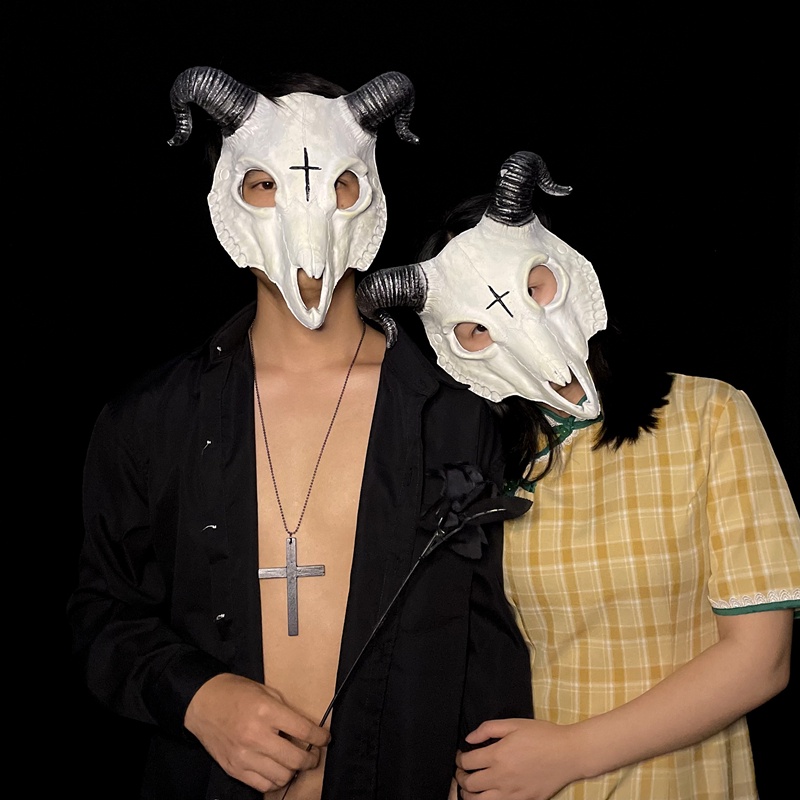 Topeng Horror Kambing Tengkorak Halloween/ Topeng Hewan Setan PU Berkualitas Tinggi/ Pesta Karnaval Cosplay Roleplay Props